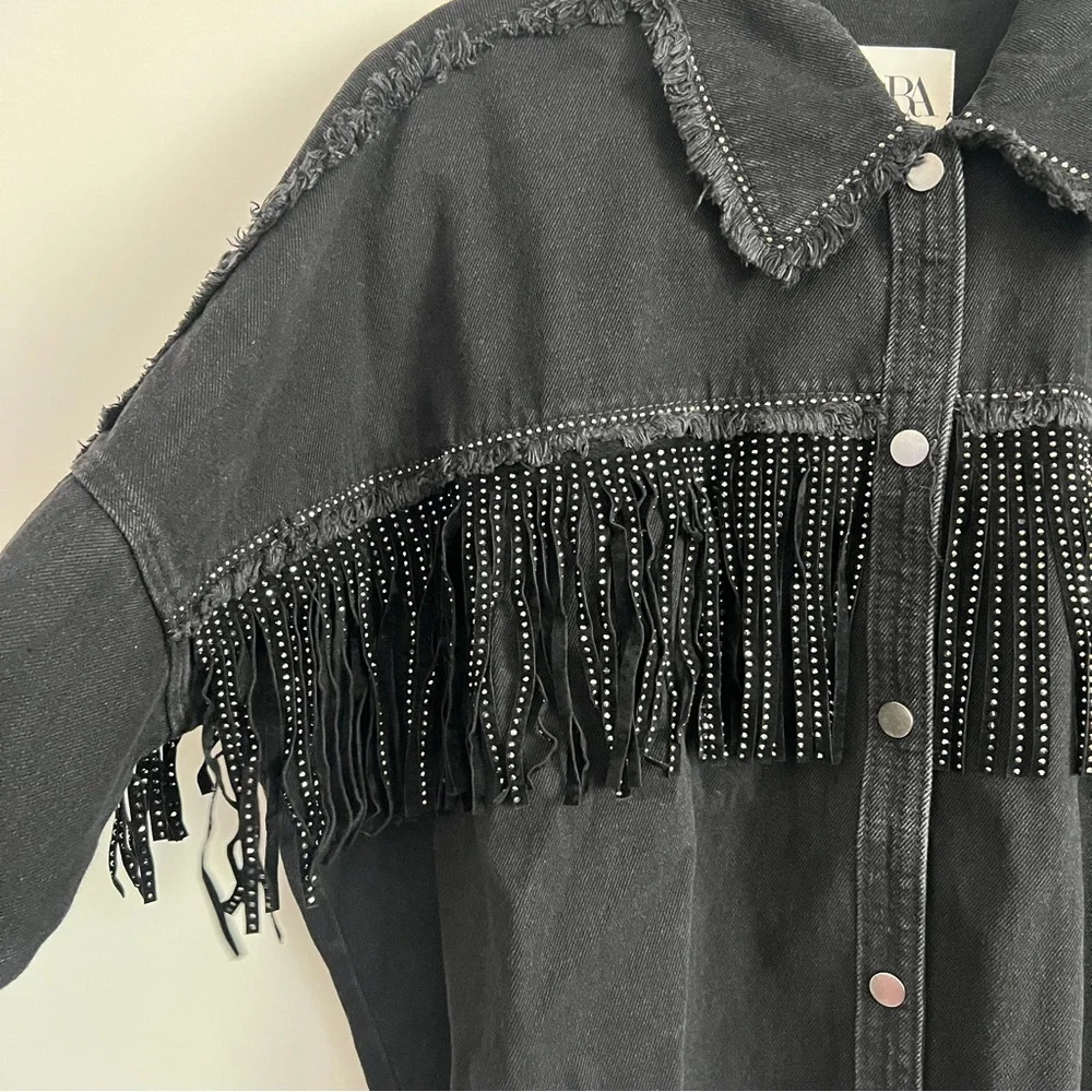 Zara Rhinestone Fringe Studded Jean Jacket Black Women’s Size XS - Picture 5 of 8